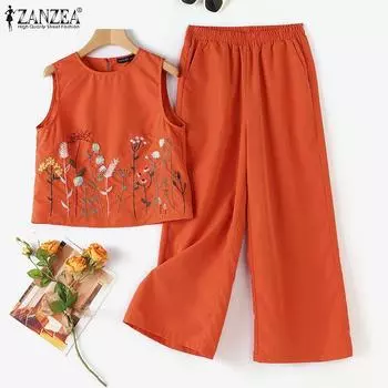 ZANZEA женские топы и брюки с цветочным принтом, летний повседневный комплект из двух предметов 4XL белый