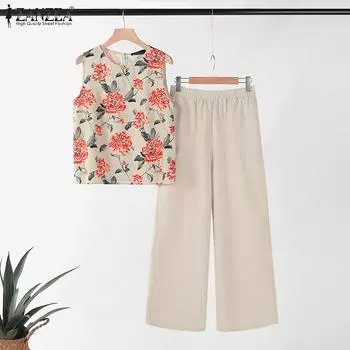 ZANZEA Женские топы и брюки с цветочным принтом, повседневные комплекты из двух предметов 3XL