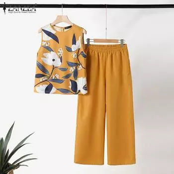 ZANZEA Женские топы и брюки с принтом, повседневные комплекты из двух предметов 4XL жёлтый