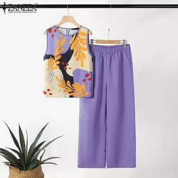 ZANZEA Женские топы и брюки с принтом, повседневные комплекты из двух предметов 3XL зелёный