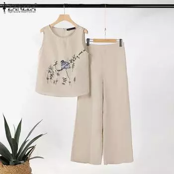 ZANZEA Женские топы и брюки с принтом, повседневные комплекты из двух предметов 4XL темно-синий