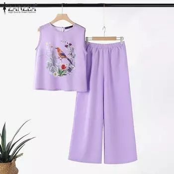 ZANZEA Женские топы и брюки с принтом, повседневные комплекты из двух частей S белый