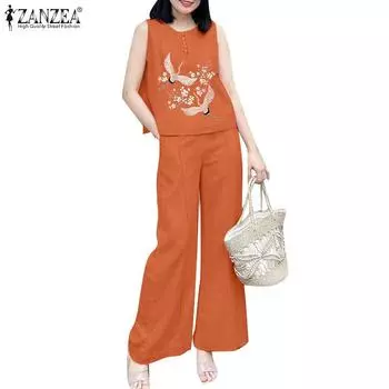 ZANZEA Женские топы и брюки с принтом, повседневные комплекты из двух частей S розовый