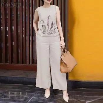 ZANZEA Женские топы и брюки с вышивкой, повседневные комплекты из двух предметов S жёлтый