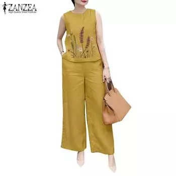 ZANZEA Женские топы и брюки с вышивкой, повседневные комплекты из двух предметов S жёлтый