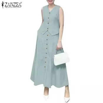 ZANZEA Женские топы и длинные юбки Летние комплекты из двух частей 4XL светло-синий