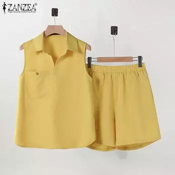 ZANZEA Женские топы и шорты без рукавов, повседневные комплекты из двух предметов
