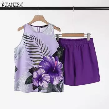 ZANZEA Женские топы и шорты с цветочным принтом, летние комплекты из двух частей 4XL розовый