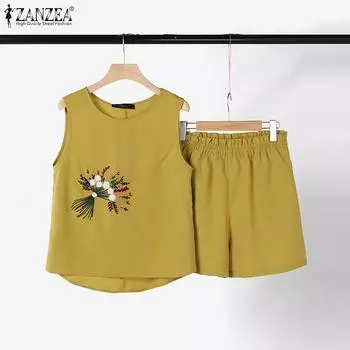 ZANZEA Женские топы и шорты с принтом, повседневные комплекты из двух предметов