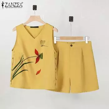 ZANZEA Женские топы и шорты с принтом, повседневные комплекты из двух предметов