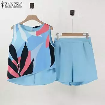 ZANZEA Женские топы и шорты с принтом Летние комплекты из двух частей S жёлтый