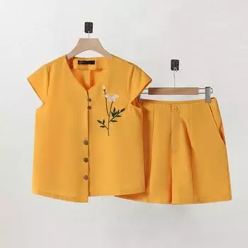 ZANZEA Женские топы и шорты с вышивкой, повседневные комплекты из двух предметов S жёлтый