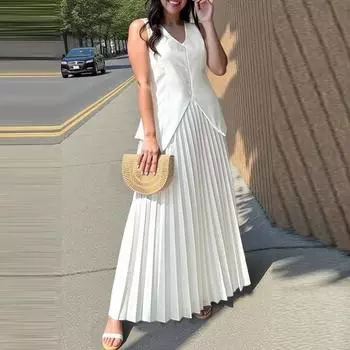 ZANZEA Женские топы и юбки без рукавов Летние комплекты из двух частей S белый