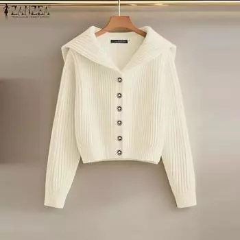 ZANZEA Женские трикотажные кардиганы с отложным воротником и длинным рукавом 4XL бежевый