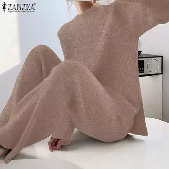 ZANZEA Женские трикотажные наряды, блузка с длинными рукавами и брюки, комплект из двух предметов