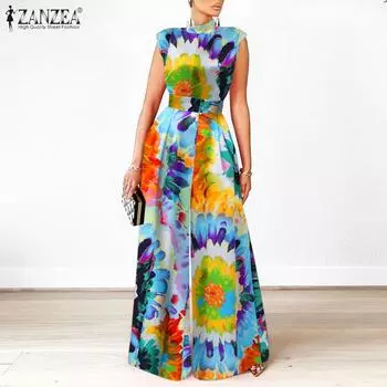 ZANZEA Женские вечерние комбинезоны без рукавов с высокой талией и широкими штанинами с принтом S темно-синий