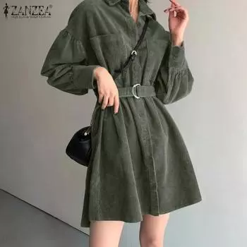 ZANZEA женские вельветовые фонарики с лацканами и длинными рукавами, однотонные короткие платья с завязками на талии и карманами