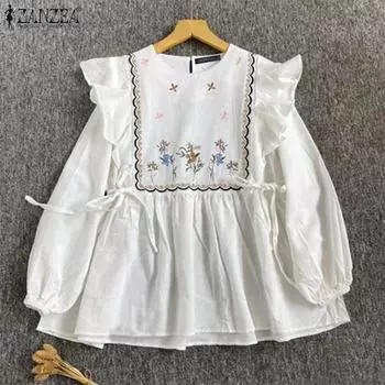 ZANZEA Женские весенние блузки с круглым вырезом и длинным рукавом с оборками и цветочным принтом L оранжевый