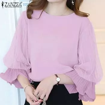 ZANZEA Женские весенние блузки с круглым вырезом и рукавом-фонариком 3/4 из сетчатой ткани в складку M розовый