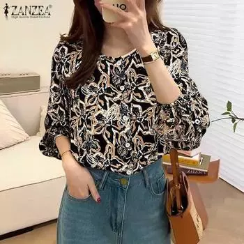 ZANZEA Женские весенние свободные рубашки с круглым вырезом и длинным рукавом с принтом S чёрный