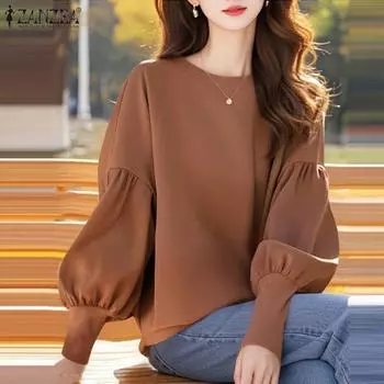 ZANZEA Женские весенние трикотажные футболки с круглым вырезом и длинным рукавом-фонариком S коричневый