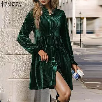 ZANZEA Женские винтажные бархатные платья с воротником-стойкой и длинным рукавом XL зелёный