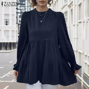 ZANZEA Женские винтажные блузки с круглым вырезом и длинным рукавом в полоску, однотонные блузки M розовый