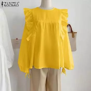 ZANZEA Женские винтажные блузки с круглым вырезом и длинным рукавом с оборками S белый