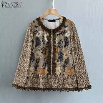 ZANZEA Женские винтажные блузки с круглым вырезом и длинным рукавом с кружевным принтом S красный