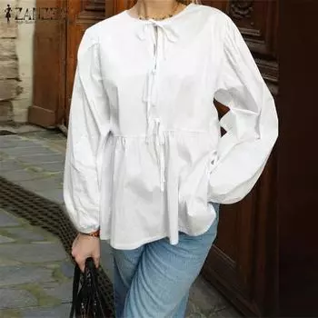 ZANZEA Женские винтажные блузки с круглым вырезом и длинным рукавом M