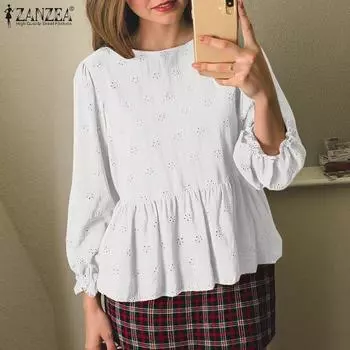 ZANZEA Женские винтажные блузки с круглым вырезом и длинным рукавом с кружевным принтом S белый