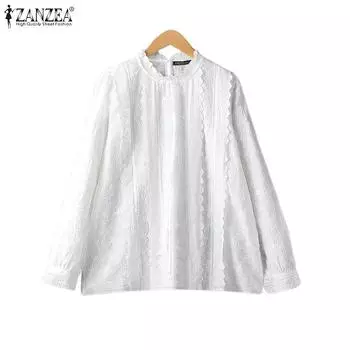 ZANZEA Женские винтажные блузки с круглым вырезом и длинным рукавом с кружевным принтом S белый