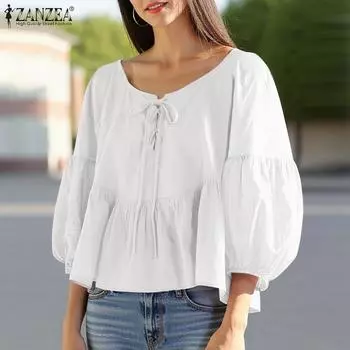 ZANZEA Женские винтажные блузки с круглым вырезом и рукавом-фонариком 3/4 S белый