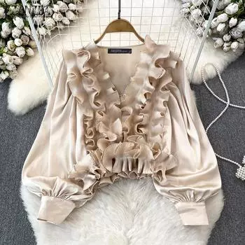 ZANZEA Женские винтажные блузки с V-образным вырезом и длинными рукавами с оборками S чёрный