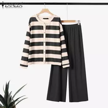 ZANZEA Женские винтажные брюки с круглым вырезом и длинными рукавами в полоску, широкие брюки 2XL