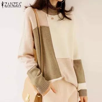 ZANZEA Женские винтажные футболки-пуловеры с воротником-стойкой и длинным рукавом контрастного цвета 2XL жёлтый