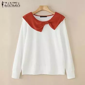 ZANZEA Женские винтажные футболки с длинным рукавом и лацканами S белый