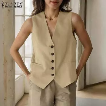 ZANZEA Женские винтажные хлопковые жилеты без рукавов с V-образным вырезом, однотонные M зелёный