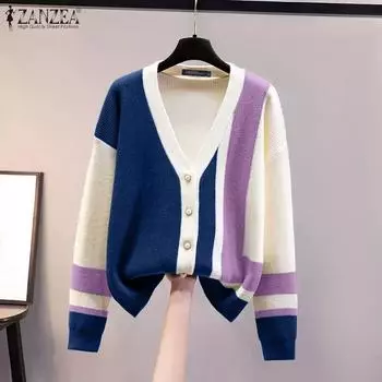 ZANZEA Женские винтажные кардиганы с V-образным вырезом и длинным рукавом контрастного цвета S зелёный