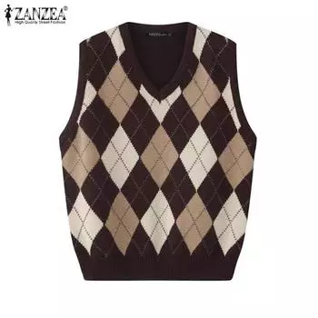 ZANZEA Женские винтажные клетчатые жилеты без рукавов с V-образным вырезом зелёный