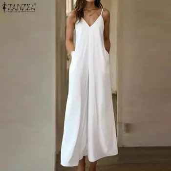 ZANZEA Женские винтажные комбинезоны с V-образным вырезом, без рукавов, с карманами и подтяжками, широкие штанины M белый