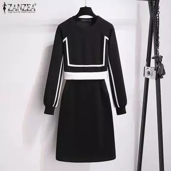 ZANZEA Женские винтажные комплекты из блузки с круглым вырезом и длинным рукавом и прямой длинной юбкой 4XL серый