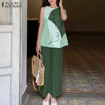 ZANZEA Женские винтажные комплекты из жилета и брюк без рукавов с принтом S зелёный
