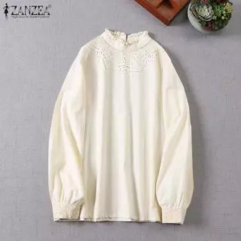 ZANZEA Женские винтажные кружевные блузки с длинным рукавом и воротником-стойкой S бежевый