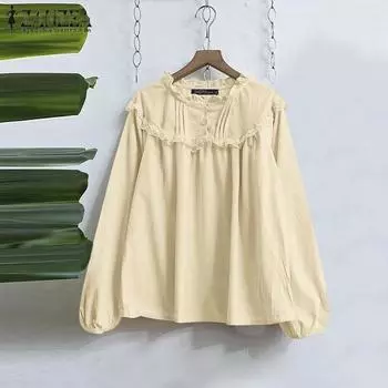 ZANZEA Женские винтажные кружевные блузки с круглым вырезом и длинным рукавом в полоску M бежевый