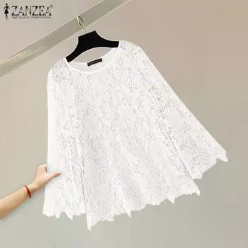 ZANZEA Женские винтажные кружевные блузки с круглым вырезом и длинным рукавом S белый