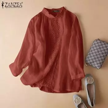 ZANZEA Женские винтажные кружевные блузки с круглым вырезом и длинным рукавом с принтом S белый