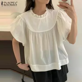 ZANZEA Женские винтажные кружевные блузки с круглым вырезом и коротким рукавом, однотонные 4XL белый