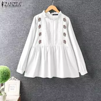 ZANZEA Женские винтажные кружевные блузки с круглым вырезом, в полоску, с цветочным принтом, с длинным рукавом 4XL