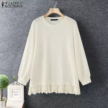 ZANZEA Женские винтажные кружевные футболки с круглым вырезом и длинным рукавом S хаки